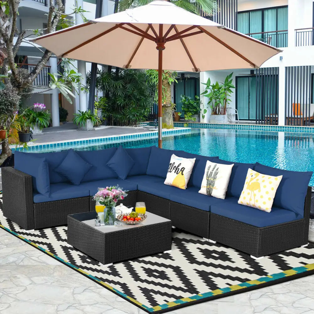7-Piece Outdoor Sectional Wicker Patio Sofa Set with Tempered Glass Top-Navy - Navy - Outdoor Sectionals