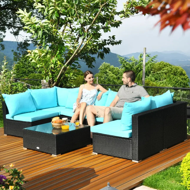 7-Piece Outdoor Sectional Wicker Patio Sofa Set with Tempered Glass Top-Blue - Blue - Outdoor Sectionals