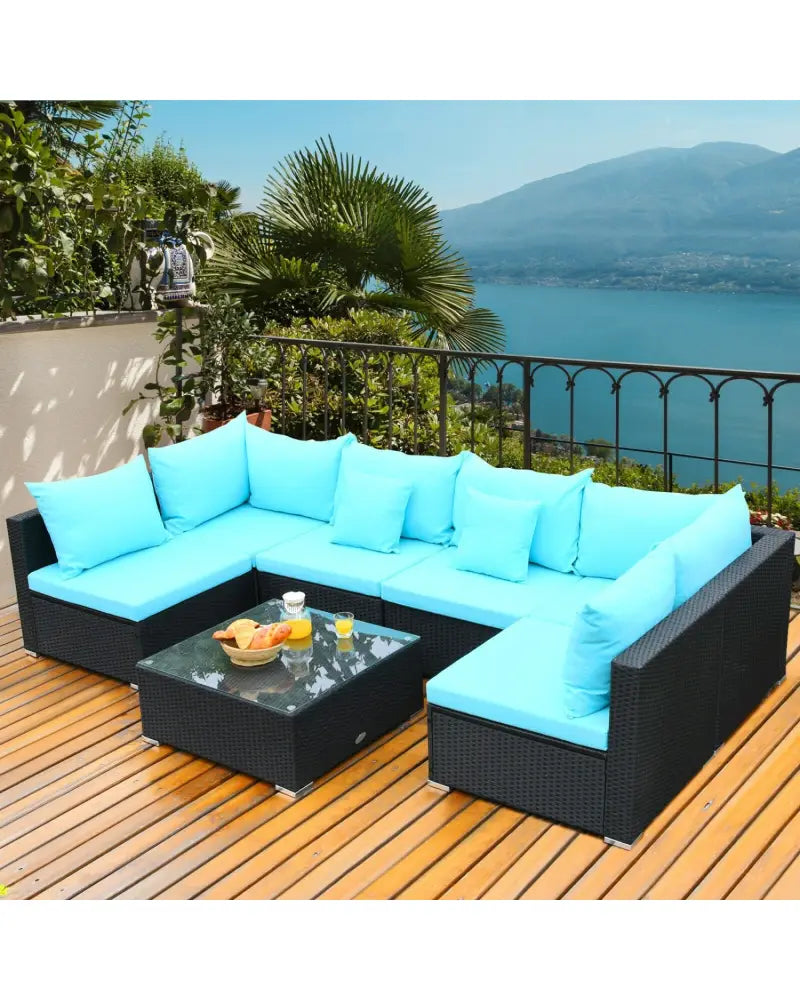 7-Piece Outdoor Sectional Wicker Patio Sofa Set with Tempered Glass Top-Blue - Blue - Outdoor Sectionals