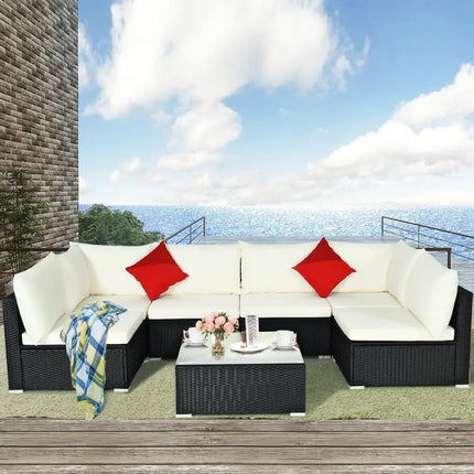 7-Piece Outdoor Sectional Wicker Patio Sofa Set with Tempered Glass Top-Beige - Beige - Outdoor Sectionals