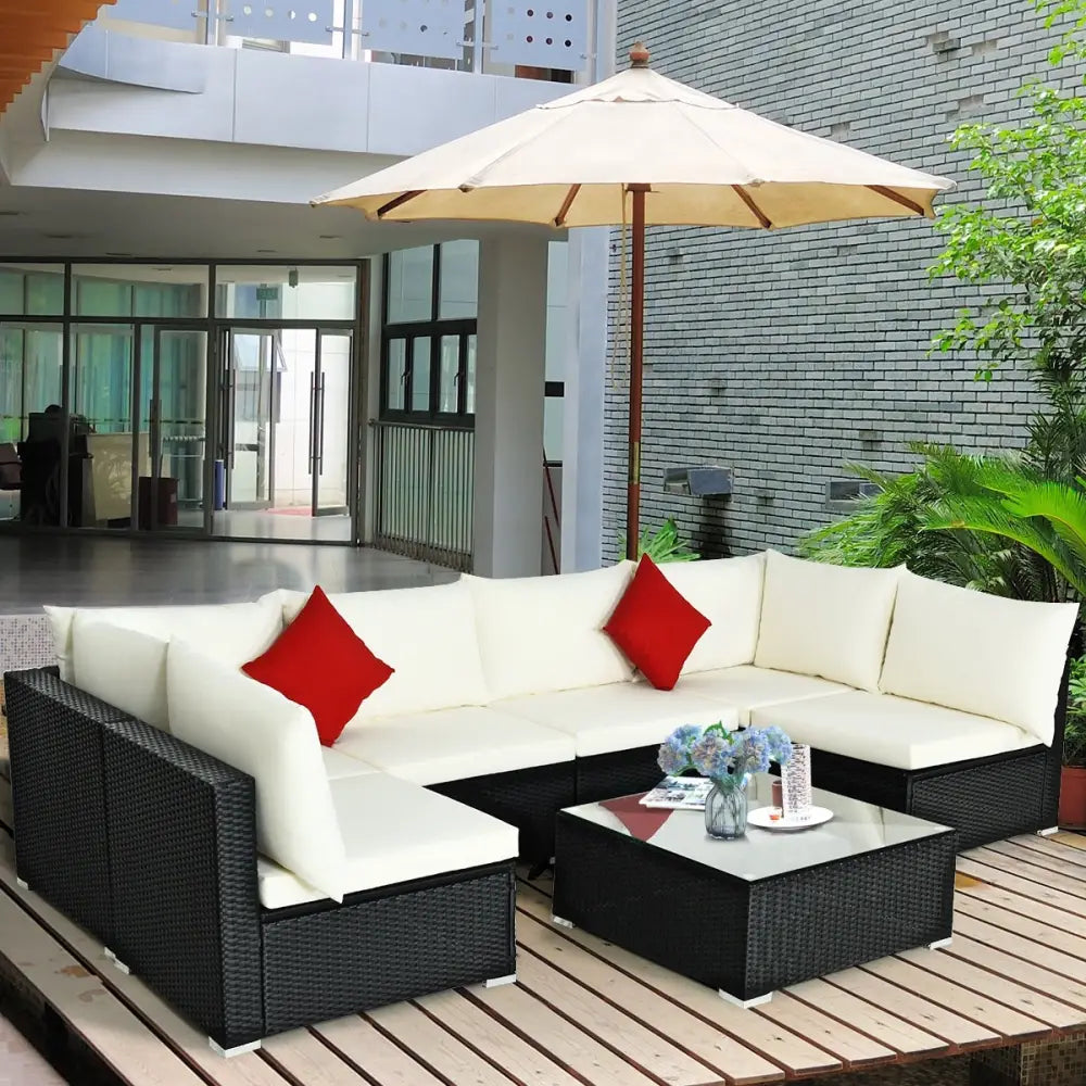 7-Piece Outdoor Sectional Wicker Patio Sofa Set with Tempered Glass Top-Beige - Beige - Outdoor Sectionals