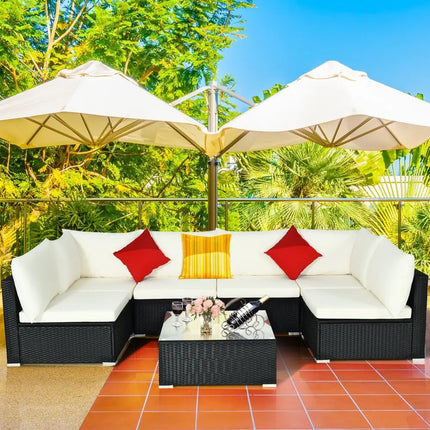 7-Piece Outdoor Sectional Wicker Patio Sofa Set with Tempered Glass Top-Beige - Beige - Outdoor Sectionals