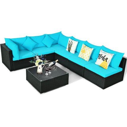 7-Piece Outdoor Sectional Wicker Patio Sofa Set with Tempered Glass Top-Blue - Blue - Outdoor Sectionals