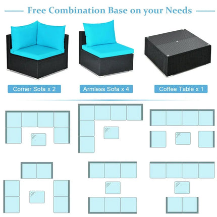 7-Piece Outdoor Sectional Wicker Patio Sofa Set with Tempered Glass Top-Blue - Blue - Outdoor Sectionals