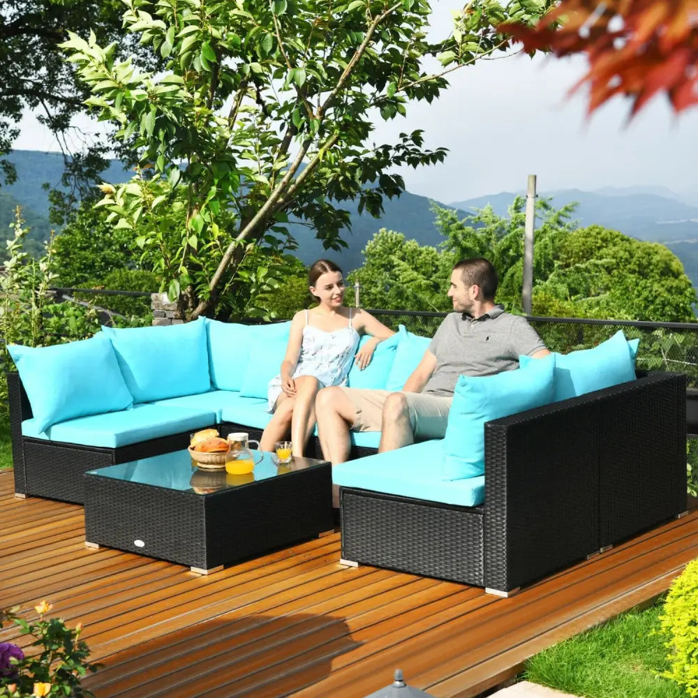 7-Piece Outdoor Sectional Wicker Patio Sofa Set with Tempered Glass Top-Blue - Blue - Outdoor Sectionals