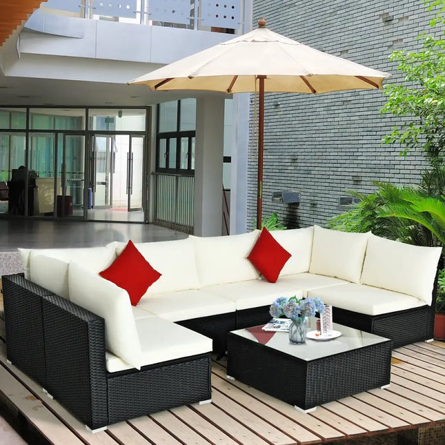 7-Piece Outdoor Sectional Wicker Patio Sofa Set with Tempered Glass Top-Beige - Beige - Outdoor Sectionals