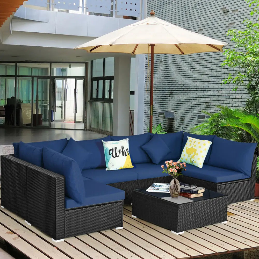 7-Piece Outdoor Sectional Wicker Patio Sofa Set with Tempered Glass Top-Navy - Navy - Outdoor Sectionals