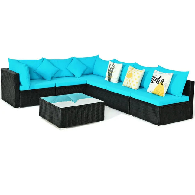 7-Piece Outdoor Sectional Wicker Patio Sofa Set with Tempered Glass Top-Blue - Blue - Outdoor Sectionals