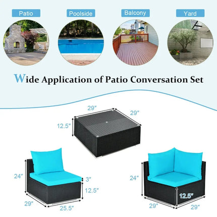 7-Piece Outdoor Sectional Wicker Patio Sofa Set with Tempered Glass Top-Blue - Blue - Outdoor Sectionals