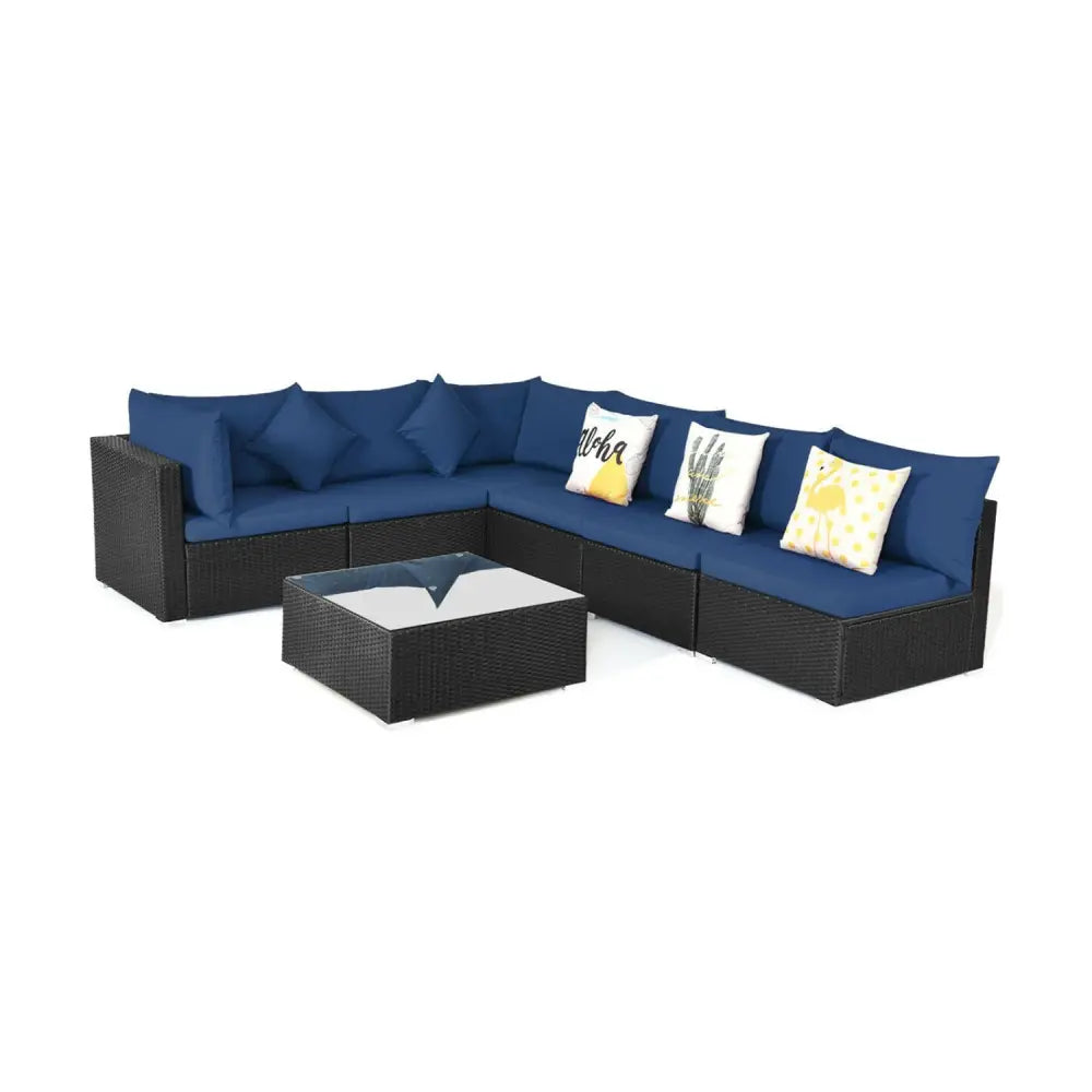7-Piece Outdoor Sectional Wicker Patio Sofa Set with Tempered Glass Top-Navy - Navy - Outdoor Sectionals