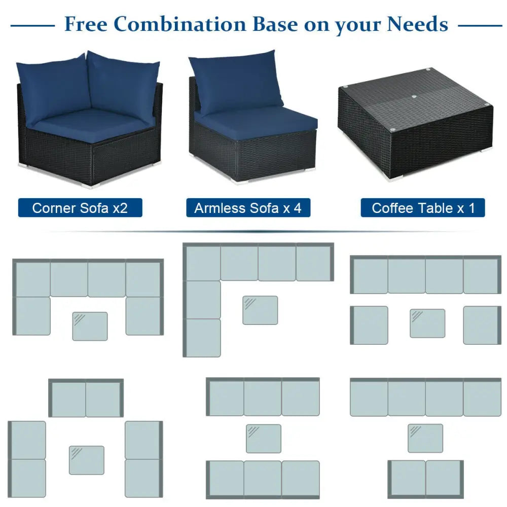 7-Piece Outdoor Sectional Wicker Patio Sofa Set with Tempered Glass Top-Navy - Navy - Outdoor Sectionals