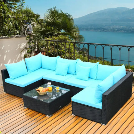 7-Piece Outdoor Sectional Wicker Patio Sofa Set with Tempered Glass Top-Blue - Blue - Outdoor Sectionals