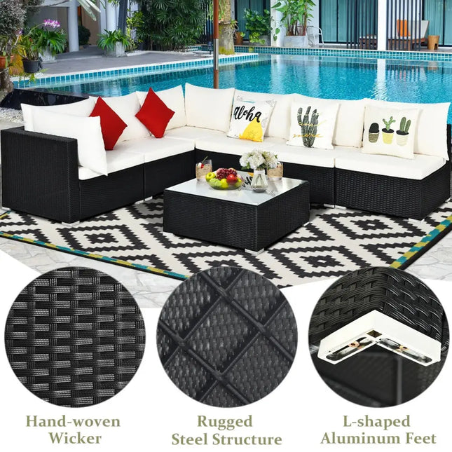 7-Piece Outdoor Sectional Wicker Patio Sofa Set with Tempered Glass Top-Beige - Beige - Outdoor Sectionals