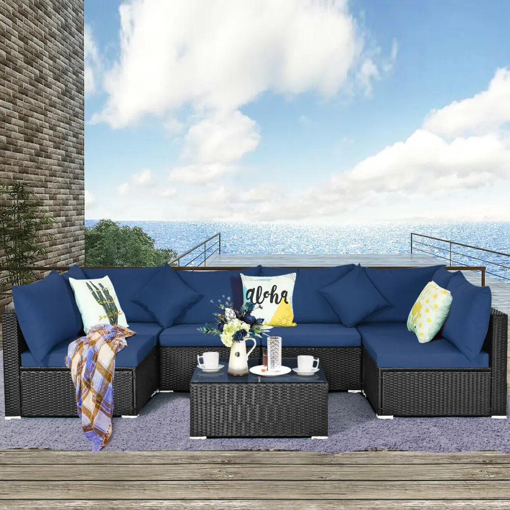 7-Piece Outdoor Sectional Wicker Patio Sofa Set with Tempered Glass Top-Navy - Navy - Outdoor Sectionals