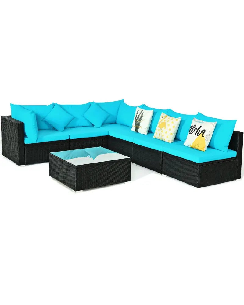 7-Piece Outdoor Sectional Wicker Patio Sofa Set with Tempered Glass Top-Blue - Blue - Outdoor Sectionals