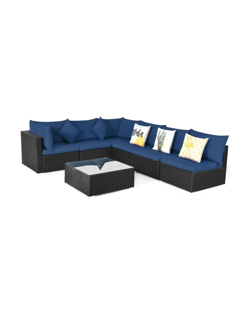 7-Piece Outdoor Sectional Wicker Patio Sofa Set with Tempered Glass Top-Navy - Navy - Outdoor Sectionals
