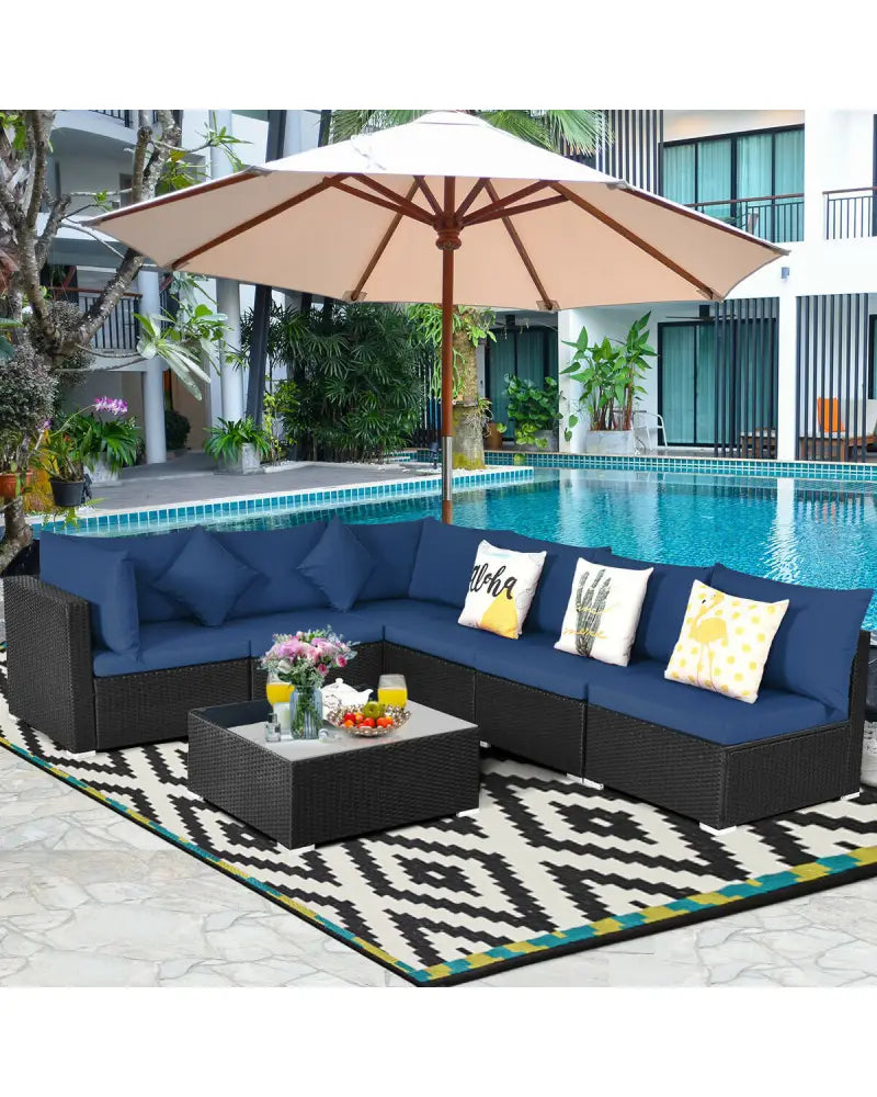 7-Piece Outdoor Sectional Wicker Patio Sofa Set with Tempered Glass Top-Navy - Navy - Outdoor Sectionals