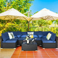 7-Piece Outdoor Sectional Wicker Patio Sofa Set with Tempered Glass Top-Navy - Navy - Outdoor Sectionals