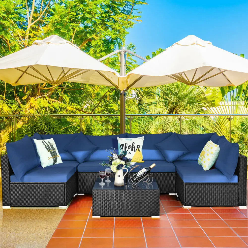 7-Piece Outdoor Sectional Wicker Patio Sofa Set with Tempered Glass Top-Navy - Navy - Outdoor Sectionals