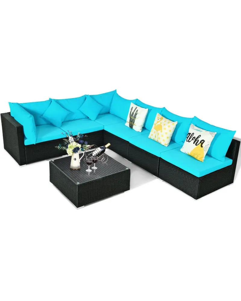 7-Piece Outdoor Sectional Wicker Patio Sofa Set with Tempered Glass Top-Blue - Blue - Outdoor Sectionals