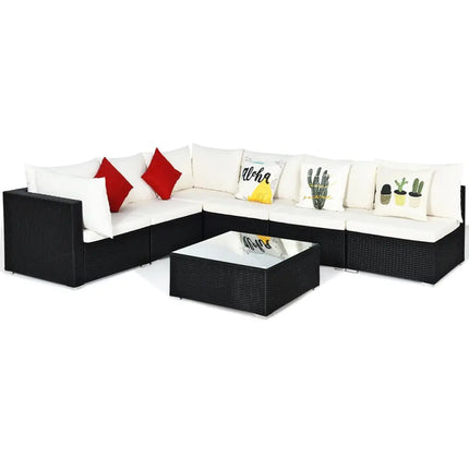 7-Piece Outdoor Sectional Wicker Patio Sofa Set with Tempered Glass Top-Beige - Beige - Outdoor Sectionals