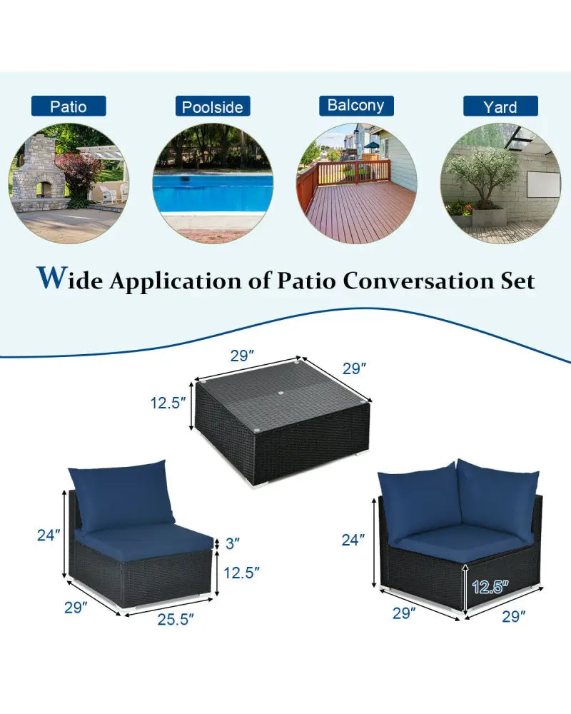 7-Piece Outdoor Sectional Wicker Patio Sofa Set with Tempered Glass Top-Navy - Navy - Outdoor Sectionals