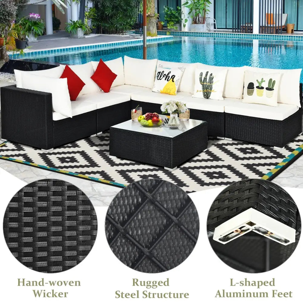 7-Piece Outdoor Sectional Wicker Patio Sofa Set with Tempered Glass Top-Beige - Beige - Outdoor Sectionals