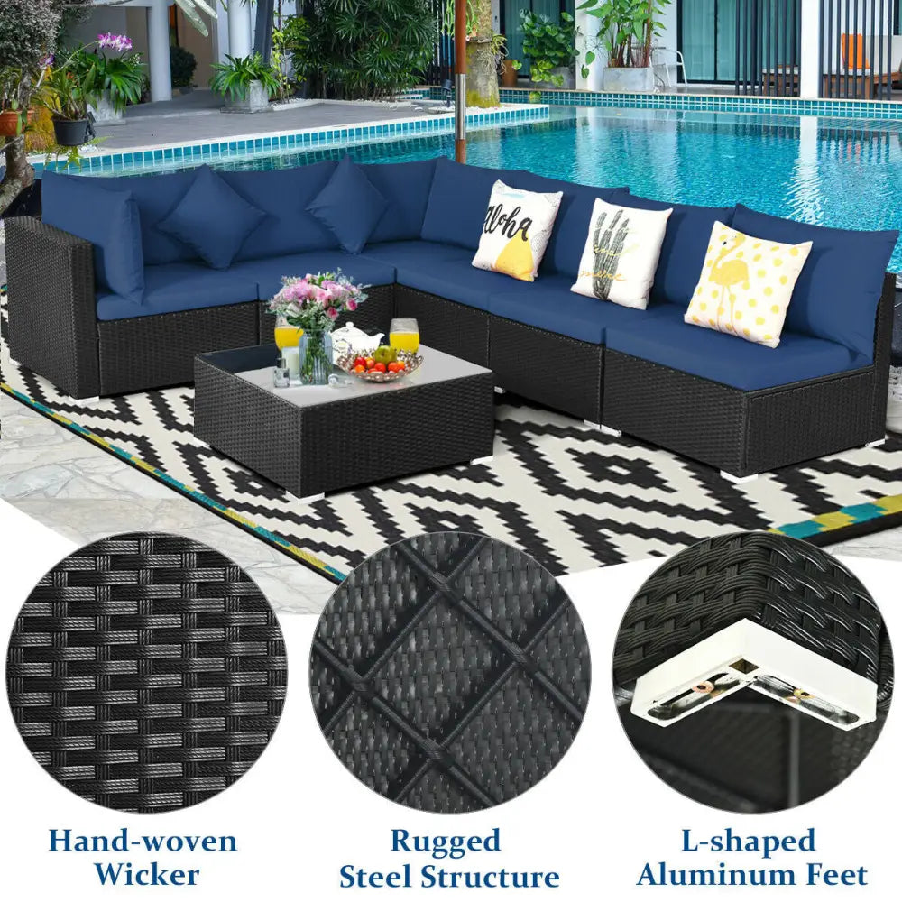 7-Piece Outdoor Sectional Wicker Patio Sofa Set with Tempered Glass Top-Navy - Navy - Outdoor Sectionals