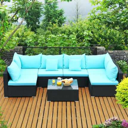 7-Piece Outdoor Sectional Wicker Patio Sofa Set with Tempered Glass Top-Blue - Blue - Outdoor Sectionals