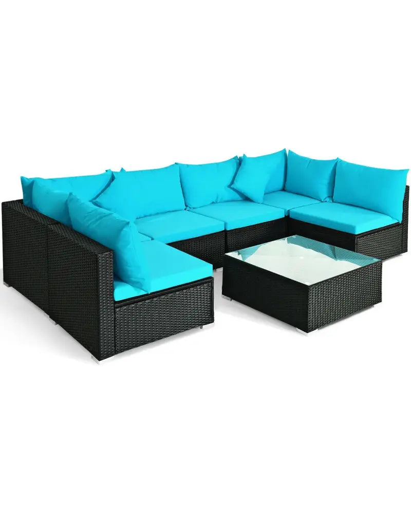 7-Piece Outdoor Sectional Wicker Patio Sofa Set with Tempered Glass Top-Blue - Blue - Outdoor Sectionals