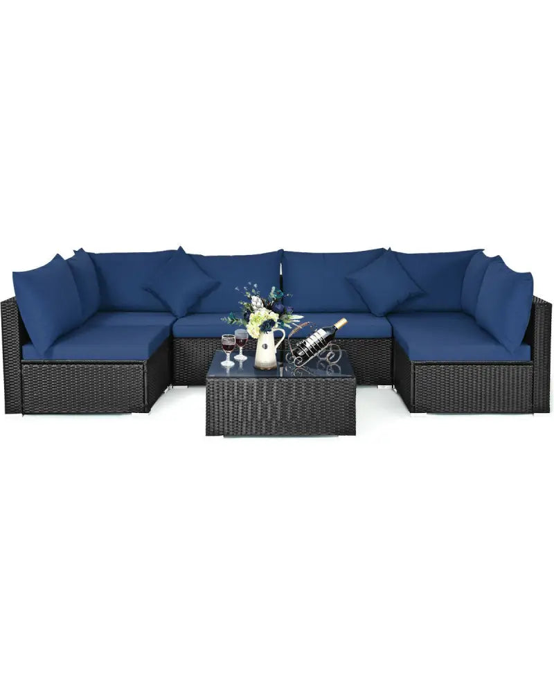 7-Piece Outdoor Sectional Wicker Patio Sofa Set with Tempered Glass Top-Navy - Navy - Outdoor Sectionals