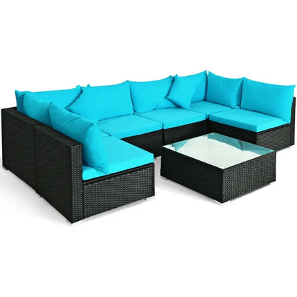 7-Piece Outdoor Sectional Wicker Patio Sofa Set with Tempered Glass Top-Blue - Blue - Outdoor Sectionals