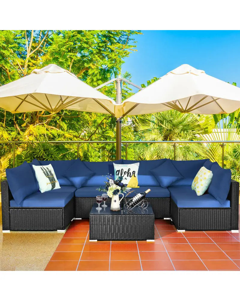 7-Piece Outdoor Sectional Wicker Patio Sofa Set with Tempered Glass Top-Navy - Navy - Outdoor Sectionals