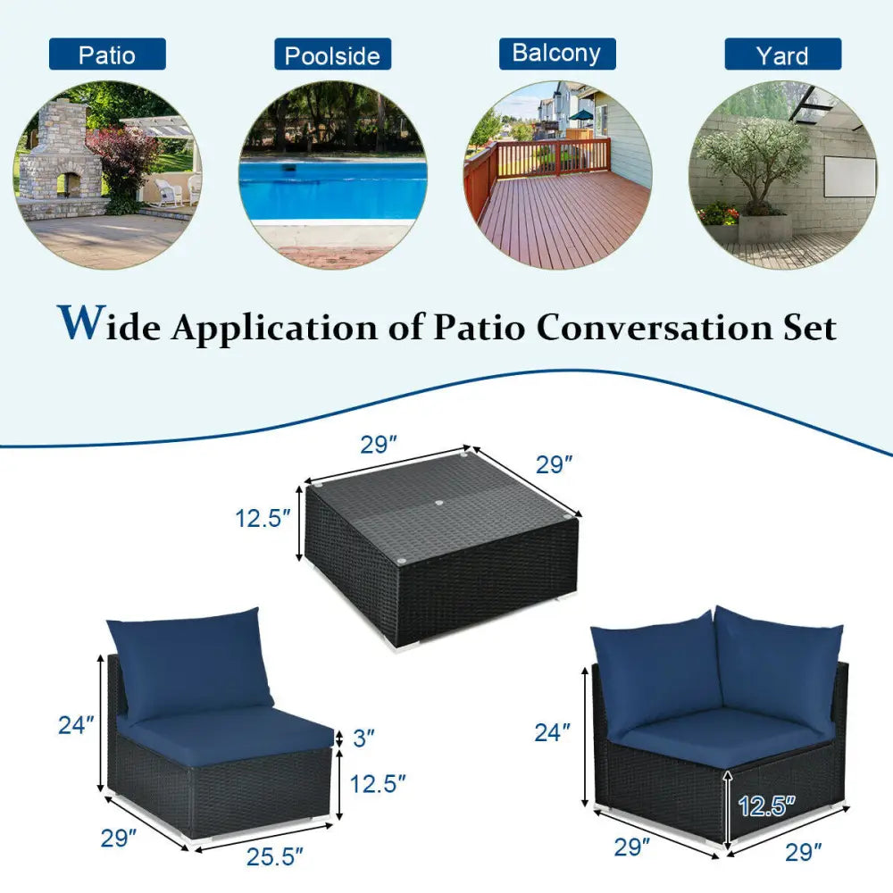 7-Piece Outdoor Sectional Wicker Patio Sofa Set with Tempered Glass Top-Navy - Navy - Outdoor Sectionals