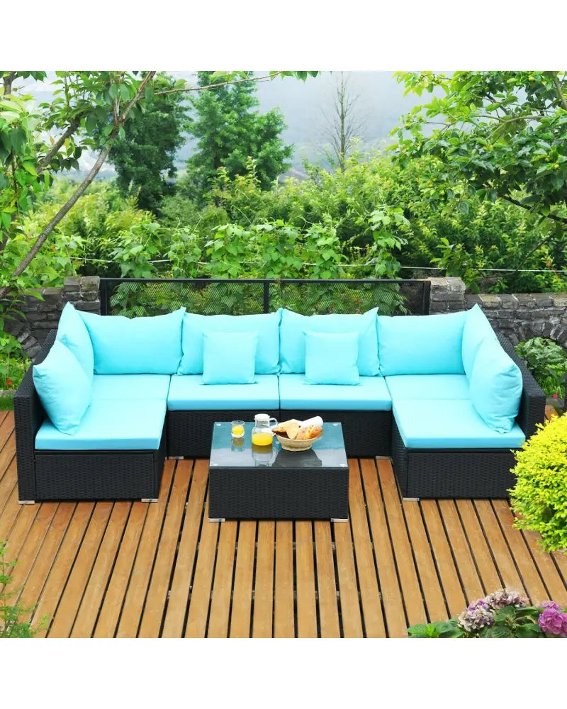 7-Piece Outdoor Sectional Wicker Patio Sofa Set with Tempered Glass Top-Blue - Blue - Outdoor Sectionals
