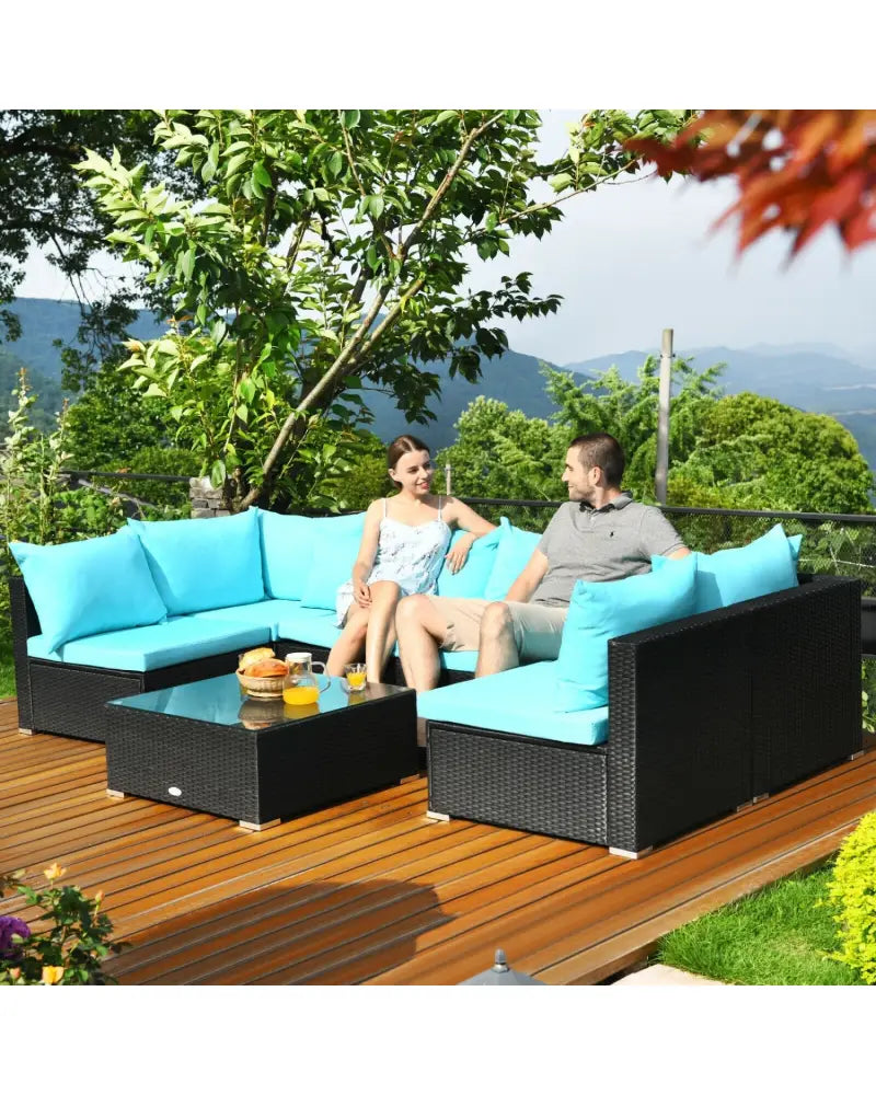 7-Piece Outdoor Sectional Wicker Patio Sofa Set with Tempered Glass Top-Blue - Blue - Outdoor Sectionals