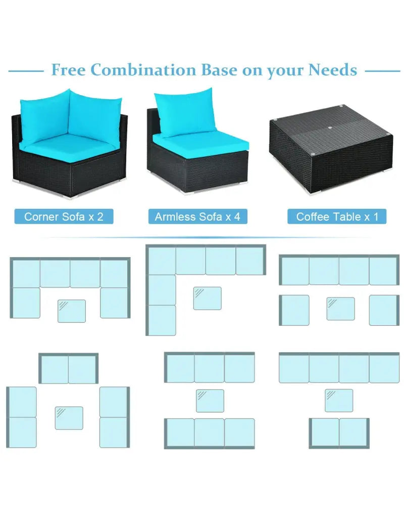 7-Piece Outdoor Sectional Wicker Patio Sofa Set with Tempered Glass Top-Blue - Blue - Outdoor Sectionals