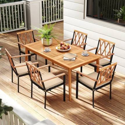 7 Piece Patio Acacia Wood Dining Set Solid Wooden Dining Furniture with Umbrella Hole - Natural - Patio Dining Sets