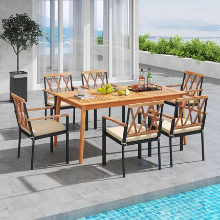 7 Piece Patio Acacia Wood Dining Set Solid Wooden Dining Furniture with Umbrella Hole - Natural - Patio Dining Sets