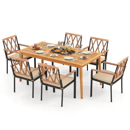 7 Piece Patio Acacia Wood Dining Set Solid Wooden Dining Furniture with Umbrella Hole - Natural - Patio Dining Sets