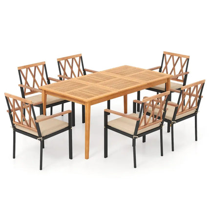 7 Piece Patio Acacia Wood Dining Set Solid Wooden Dining Furniture with Umbrella Hole - Natural - Patio Dining Sets