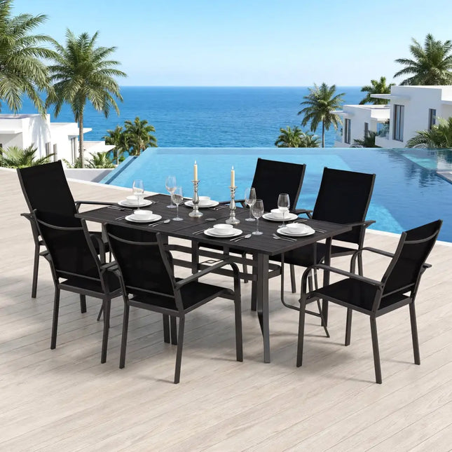 7-Piece Patio Dining Set for 6 with Rectangle Metal Table and Stackable Breathable Mesh Armchairs-Black - Black - Patio