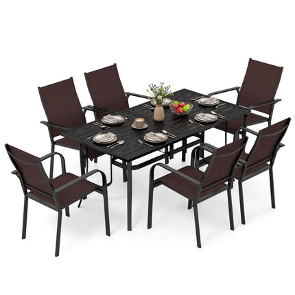 7-Piece Patio Dining Set for 6 with Rectangle Metal Table and Stackable Breathable Mesh Armchairs-Brown - Brown - Patio