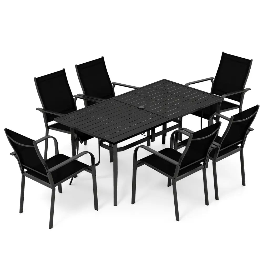 7-Piece Patio Dining Set for 6 with Rectangle Metal Table and Stackable Breathable Mesh Armchairs-Black - Black - Patio