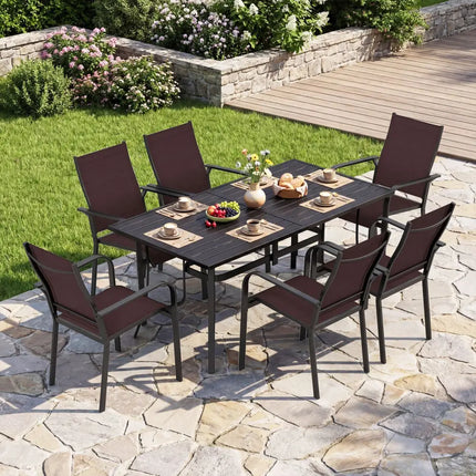 7-Piece Patio Dining Set for 6 with Rectangle Metal Table and Stackable Breathable Mesh Armchairs-Brown - Brown - Patio