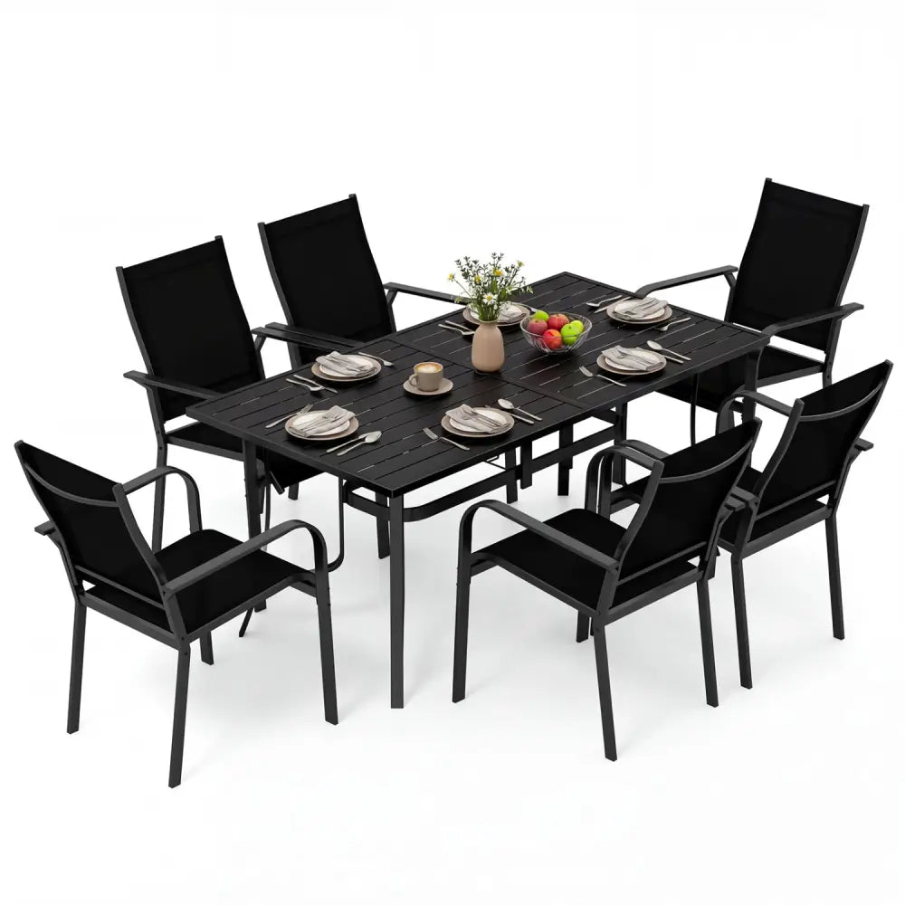 7-Piece Patio Dining Set for 6 with Rectangle Metal Table and Stackable Breathable Mesh Armchairs-Black - Black - Patio