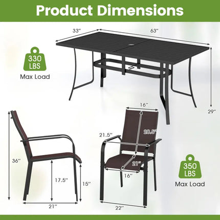 7-Piece Patio Dining Set for 6 with Rectangle Metal Table and Stackable Breathable Mesh Armchairs-Brown - Brown - Patio