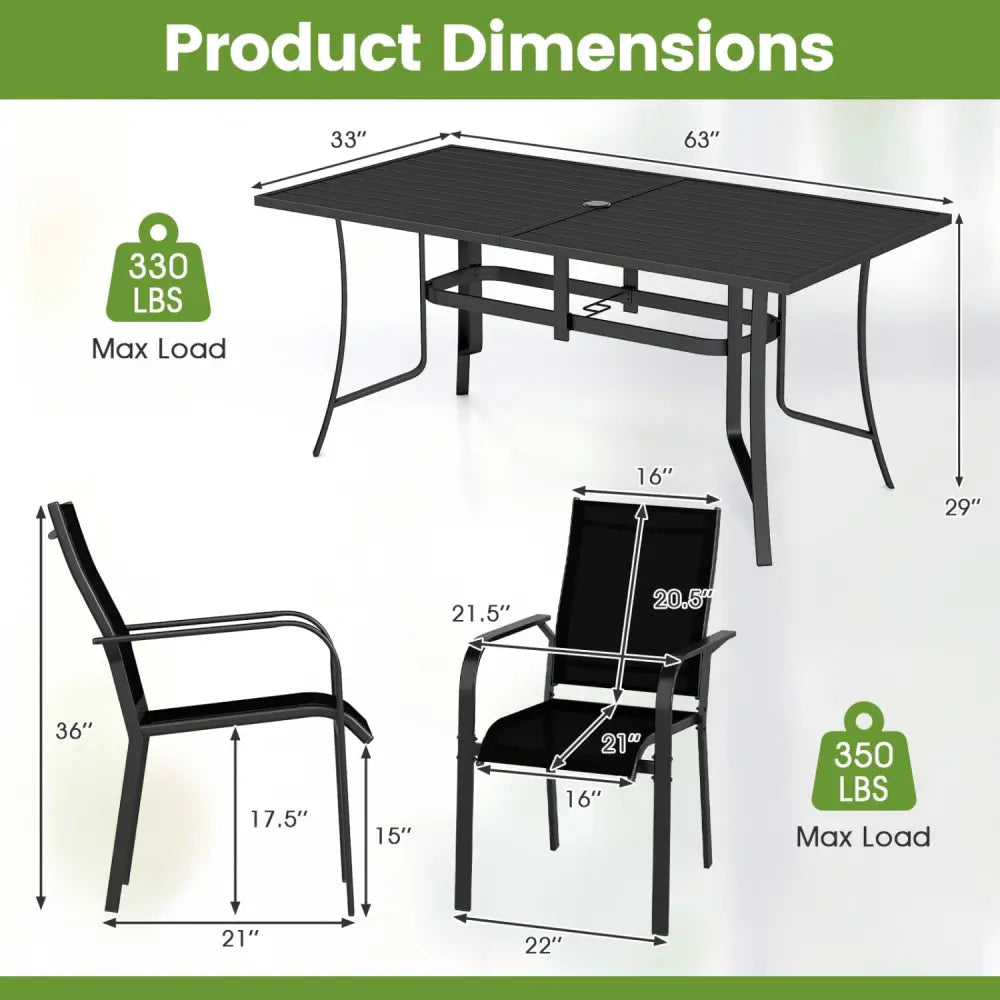 7-Piece Patio Dining Set for 6 with Rectangle Metal Table and Stackable Breathable Mesh Armchairs-Black - Black - Patio