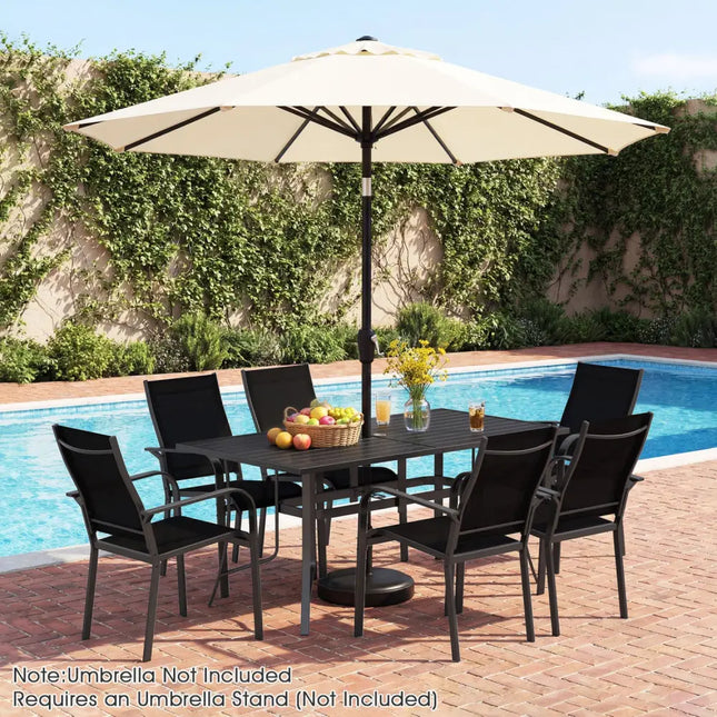 7-Piece Patio Dining Set for 6 with Rectangle Metal Table and Stackable Breathable Mesh Armchairs-Black - Black - Patio