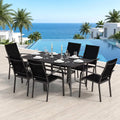 7-Piece Patio Dining Set for 6 with Rectangle Metal Table and Stackable Breathable Mesh Armchairs-Black - Black - Patio